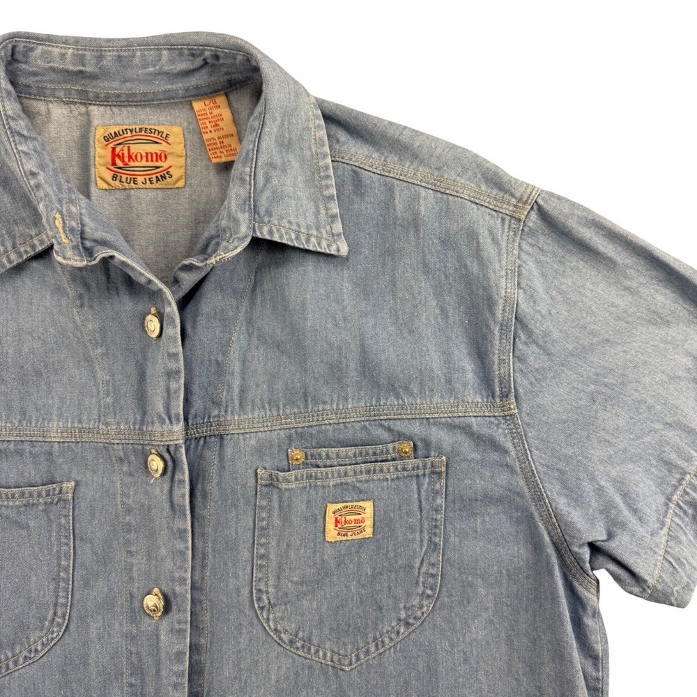 Vintage Kikomo Denim Shirt Womens Large Light Wash Short Sleeve Cotton Top